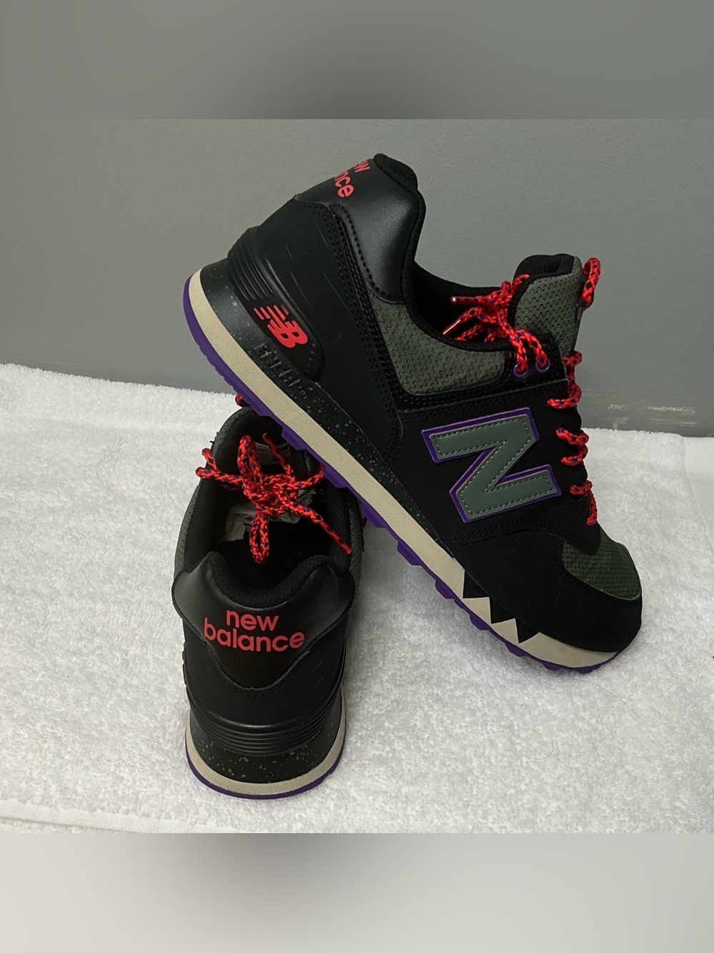 New Balance 574 Black & Olive Sneakers with Red Lace Detail